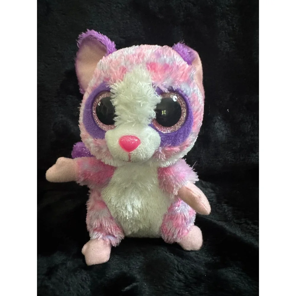 Ty Beanie Boos Kiki the Cat Pink Purple Tie Dye Plush Stuffed Animal Glitter Eye